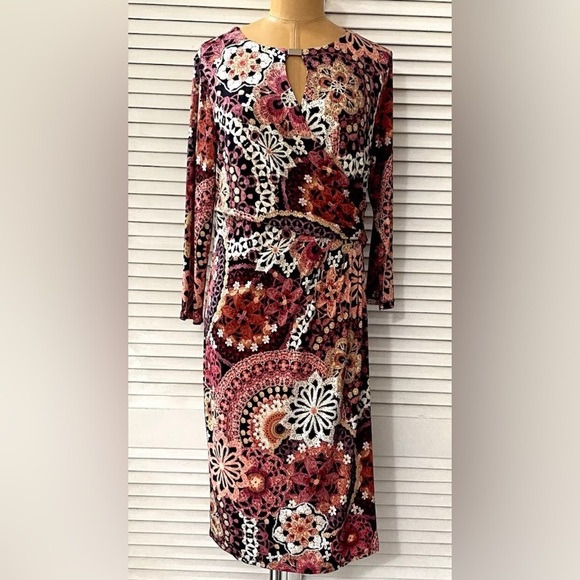 🆕 MSK Dress Women’s Medium Peach Berry Black Floral Faux Wrap NWT NEW - Picture 3 of 13